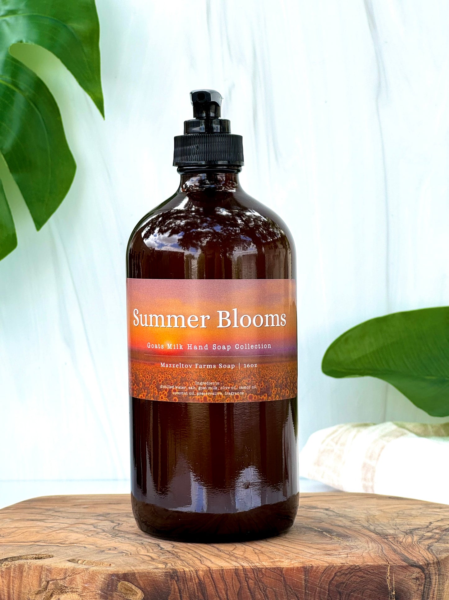 Summer Blooms goat milk liquid hand soap in amber glass pump bottle, fruity floral scented natural hand soap