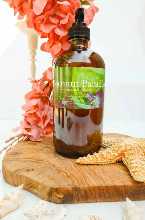 Coconut Paradise goat milk liquid hand soap in amber glass pump bottle, coconut scented natural hand soap with coastal fragrance
