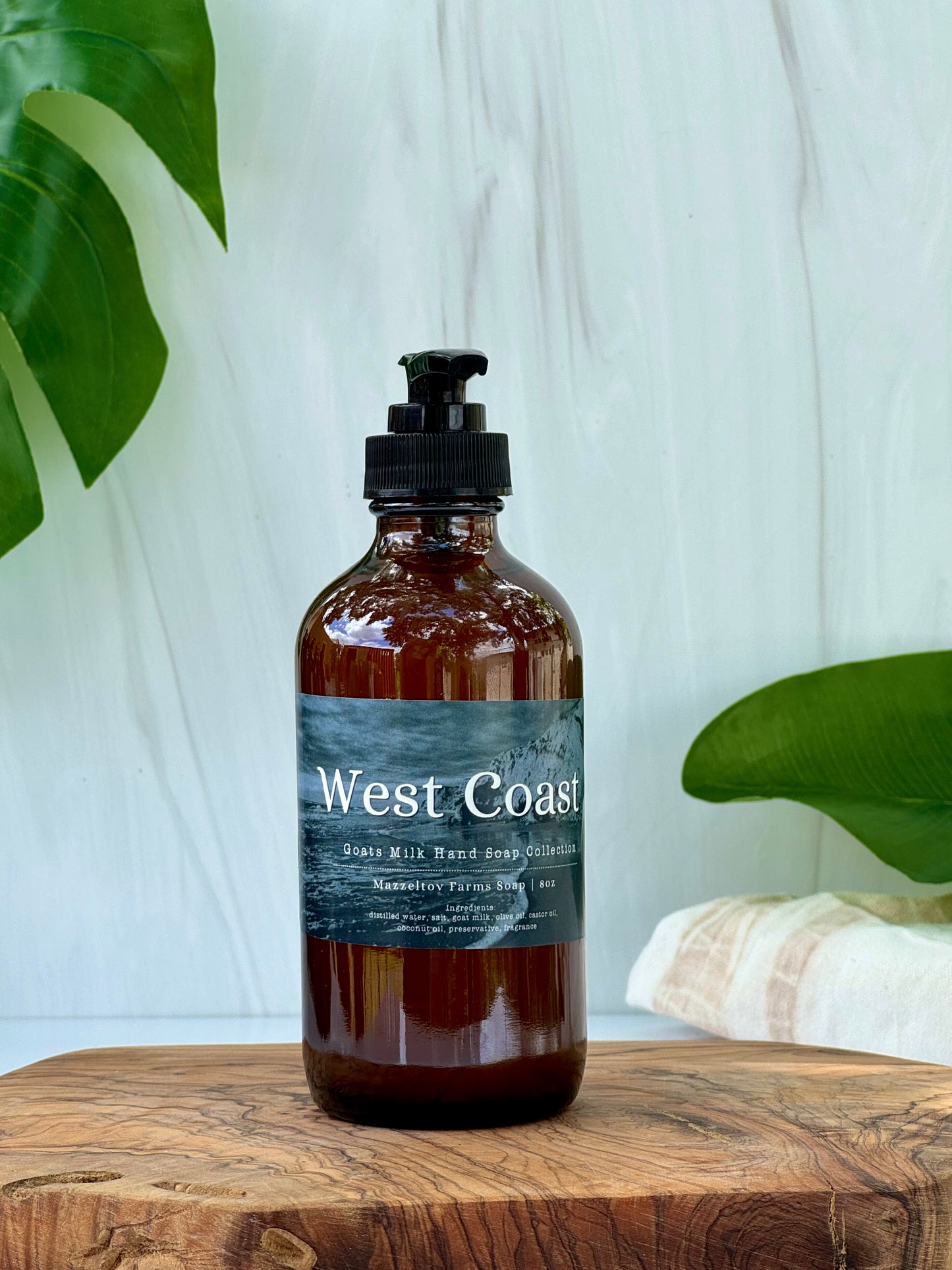West Coast goat milk liquid hand soap in 8 oz amber glass pump bottle, oceanic scented natural hand soap