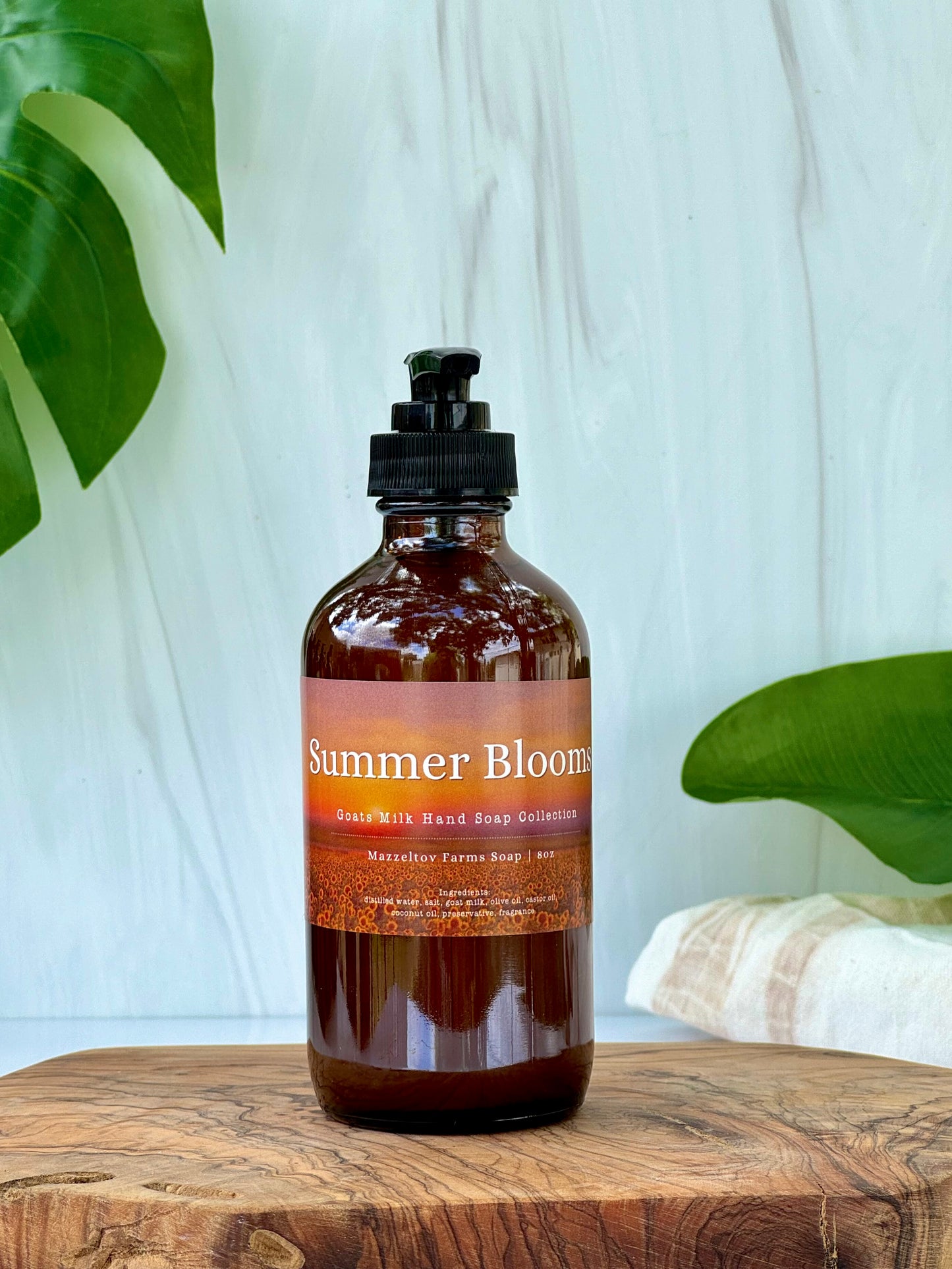 Summer Blooms goat milk liquid hand soap in 8 oz amber glass pump bottle, fruity floral scented natural hand soap