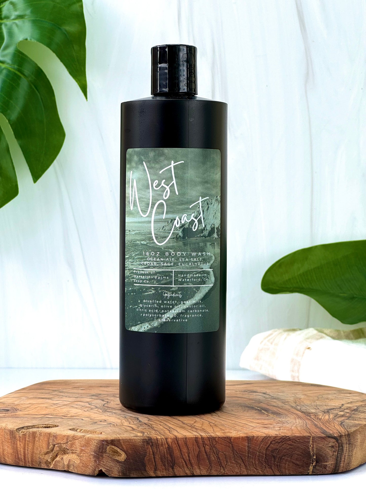 West Coast goat milk body wash in black squeeze bottle, oceanic scented natural body wash