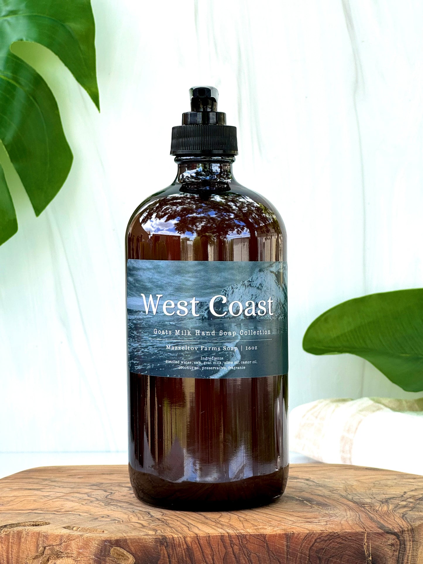 West Coast goat milk liquid hand soap in amber glass pump bottle, oceanic scented natural hand soap