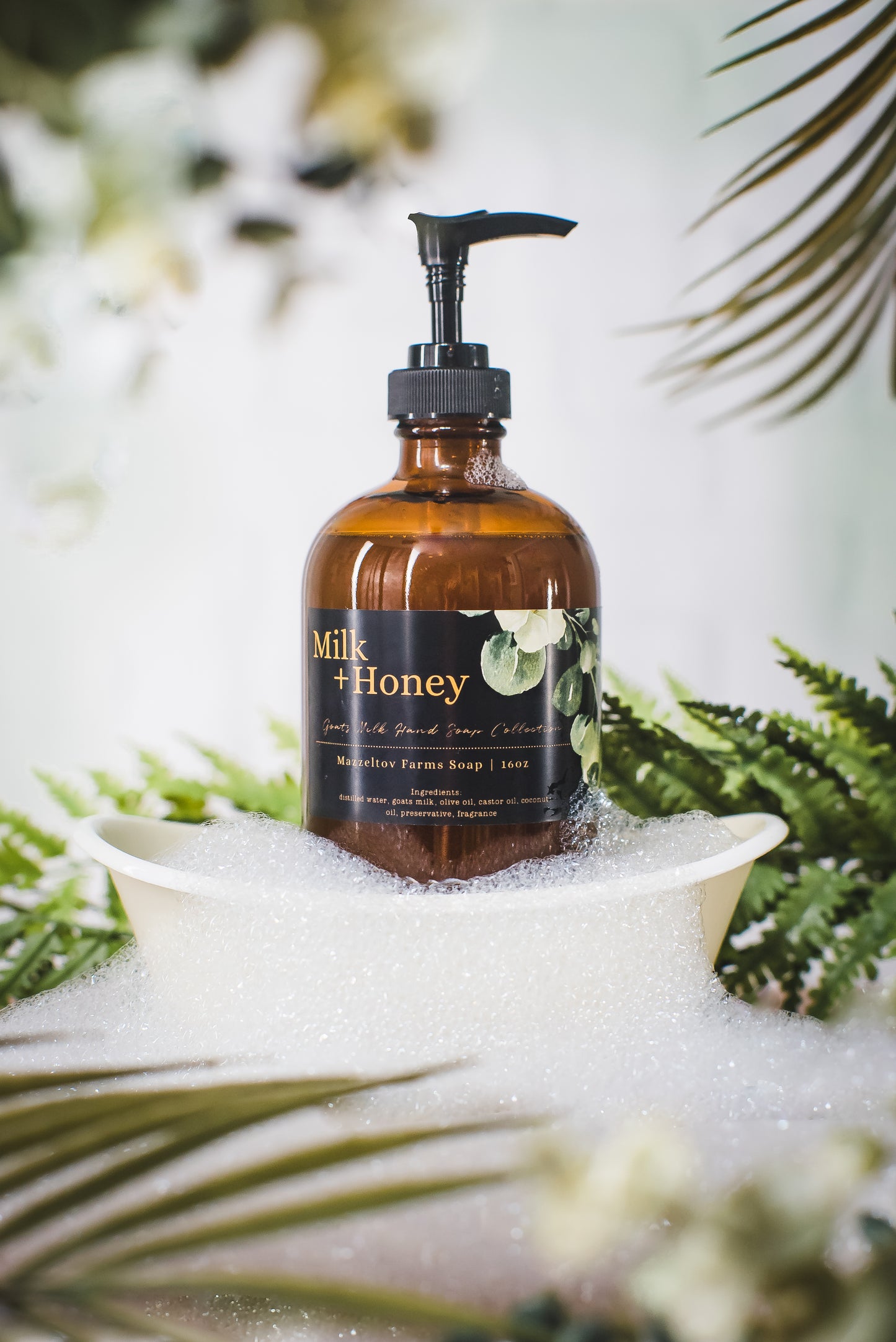 Milk and Honey goat milk liquid hand soap by Mazzeltov Farms Soap Co. Amber glass bottle with pump, creamy sweet honey scent, handmade with goat milk.