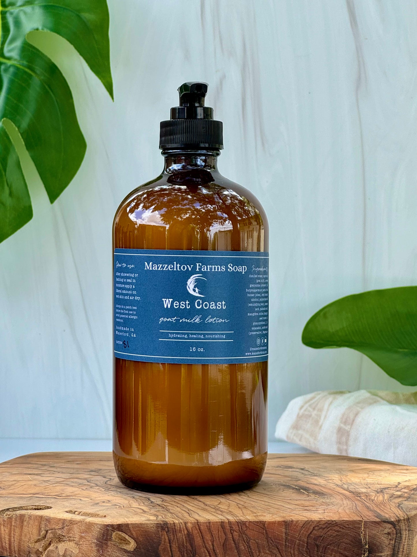 West Coast goat milk lotion in 16 oz amber glass pump bottle, oceanic scented natural body lotion