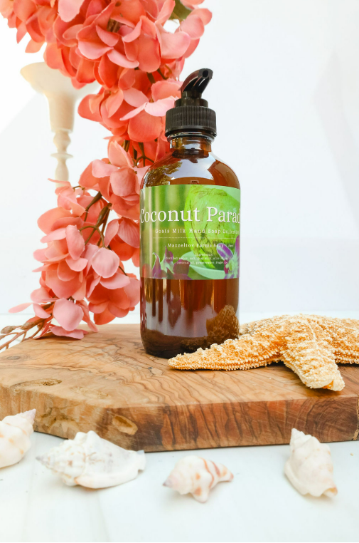 Coconut Paradise goat milk liquid hand soap in 8 oz amber glass pump bottle, coconut scented natural hand soap with coastal fragrance