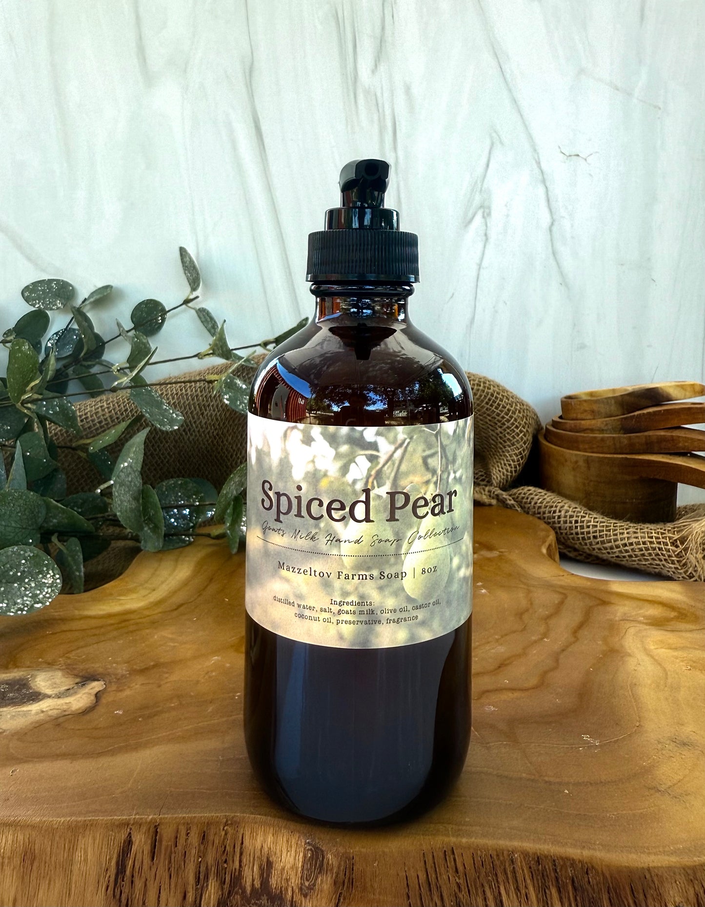 Mazzeltov Farms Soap Spiced Pear liquid hand soap in 16oz amber glass pump bottle