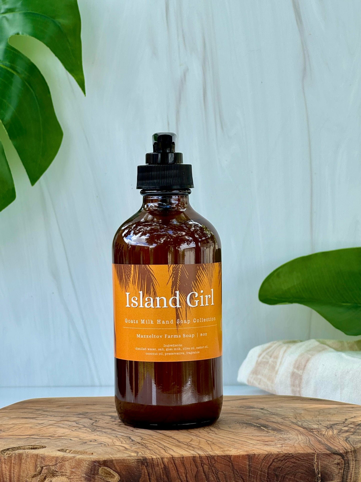 Island Girl goat milk liquid hand soap in 8 oz amber glass pump bottle, tropical fruity scented natural hand soap