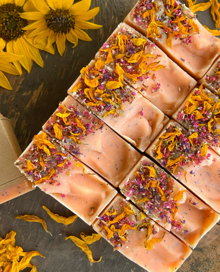 Summer Blooms goat milk bar soap with dried flowers and poppy seeds, handmade fruity floral natural soap