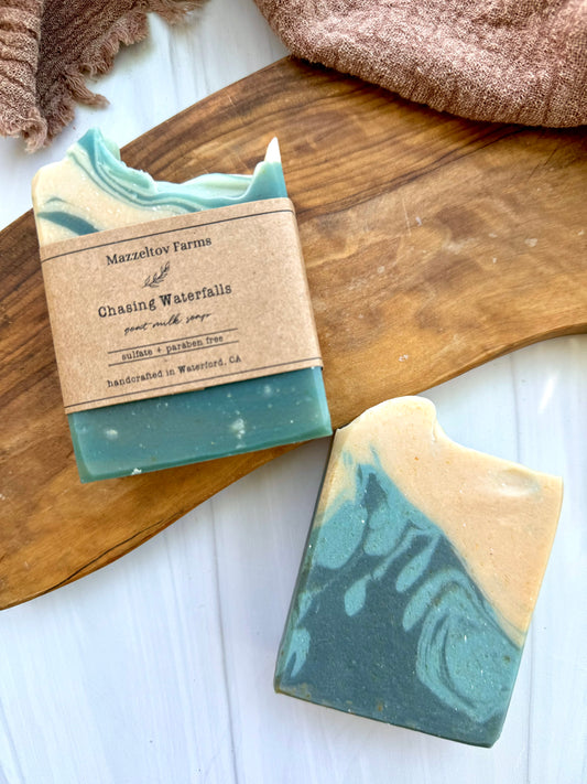 Chasing Waterfalls goat milk soap bar handmade by Mazzeltov Farms Soap Co. Gray and white marbled bar with a fresh masculine scent of bergamot, cypress, and cedarwood.