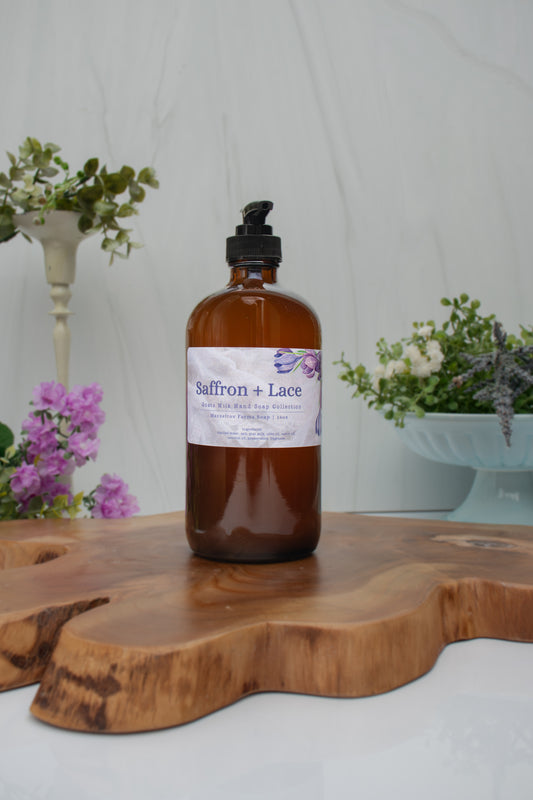 Saffron + Lace goat milk liquid hand soap by Mazzeltov Farms Soap Co. 16 oz amber glass bottle with pump and a warm amber, jasmine, and saffron fragrance.