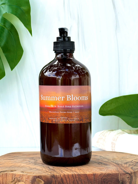 Summer Blooms goat milk liquid hand soap in amber glass pump bottle, fruity floral scented natural hand soap