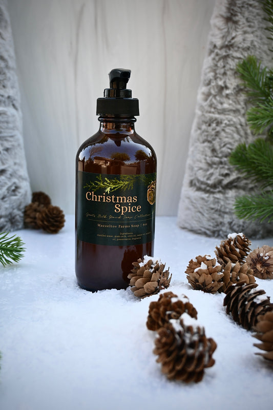 Christmas Spice Goat Milk Hand Soap 8 oz – spicy apple and cinnamon hand soap in amber glass pump bottle