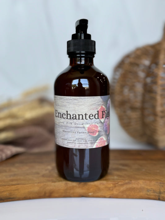 Enchanted Fig liquid hand soap in 8oz amber glass pump bottle