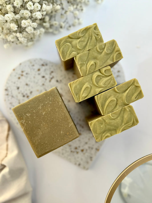 Wild Moss + Leather goat milk bar soap by Mazzeltov Farms Soap Co. Earthy handmade bar with notes of amber, leather, oakmoss, sage, and lavender.