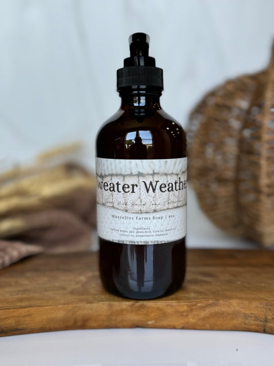 Sweater Weather liquid hand soap in 8oz amber glass pump bottle