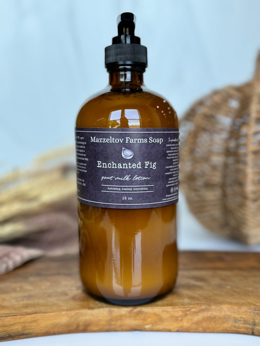 Enchanted Fig goat milk lotion in 16oz amber pump bottle
