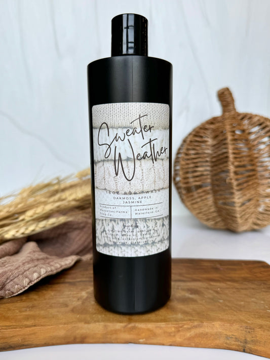 Sweater Weather goat milk body wash in black squeeze bottle