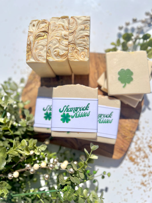Shamrock Kisses goat milk bar soap with green shamrock design, handmade natural soap with sweet and minty scent
