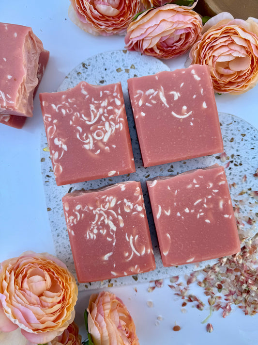 Pretty in Pink goat milk bar soap by Mazzeltov Farms Soap Co. Soft pink bar with a floral scent of magnolia, pink jasmine, and warm amber, handmade with rose clay.