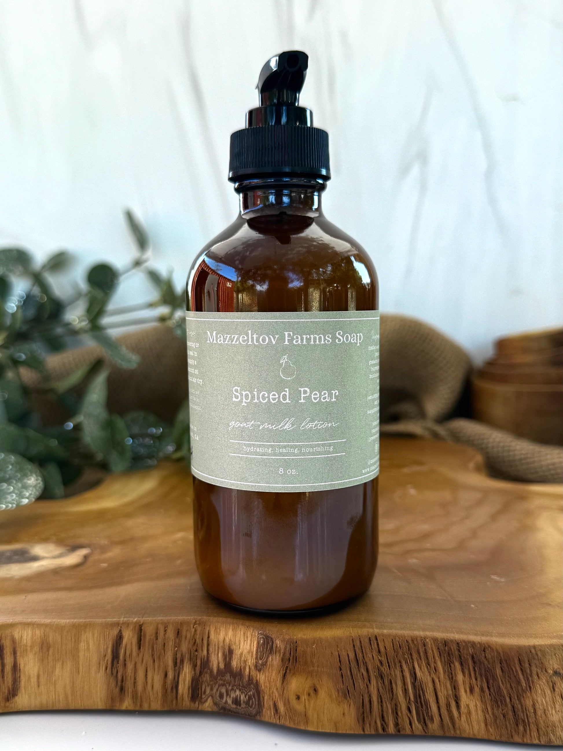 Mazzeltov Farms Soap Spiced Pear goat milk lotion in 8oz amber glass pump bottle