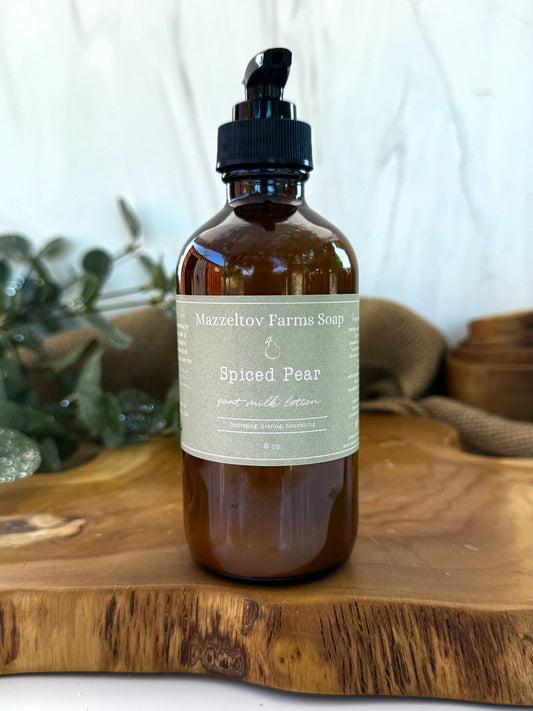 Mazzeltov Farms Soap Spiced Pear goat milk lotion in 8oz amber glass pump bottle