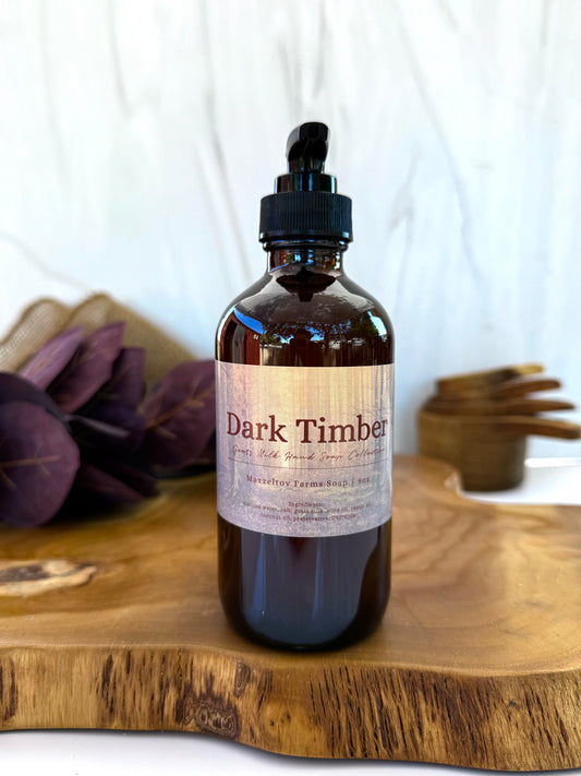Dark Timber liquid hand soap in 8oz amber glass pump bottle