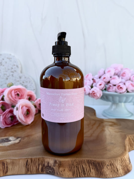 Pretty in Pink goat milk lotion by Mazzeltov Farms Soap Co. 16 oz bottle with a soft floral scent of magnolia, pink jasmine, and orange blossom with warm amber notes.