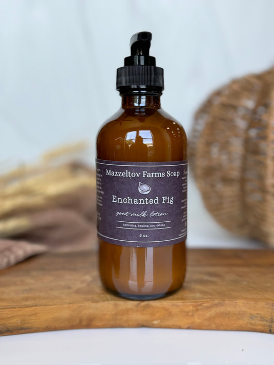 Enchanted Fig goat milk lotion in 8oz amber glass pump bottle