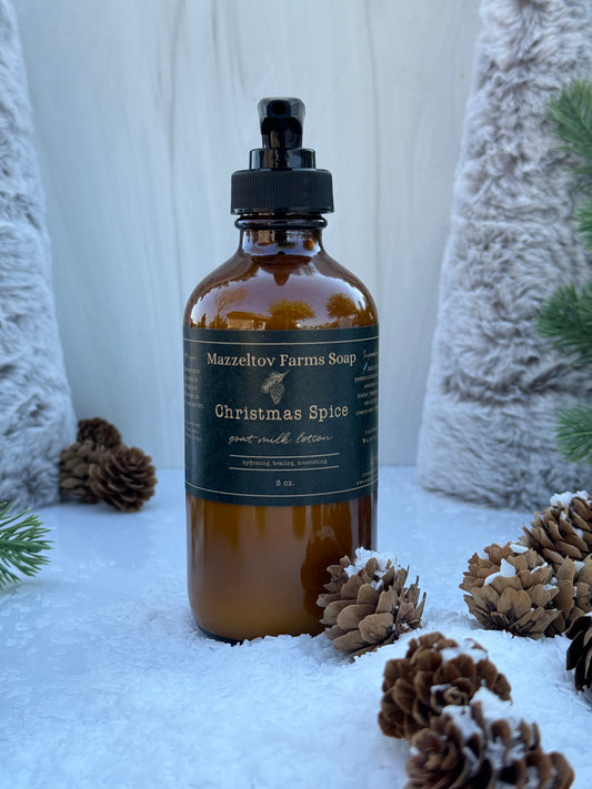 Christmas Spice Goat Milk Lotion hydrates dry skin with goat milk, avocado oil & mango butter. Notes of apple, cinnamon, clove & balsam fir create cozy holiday warmth.