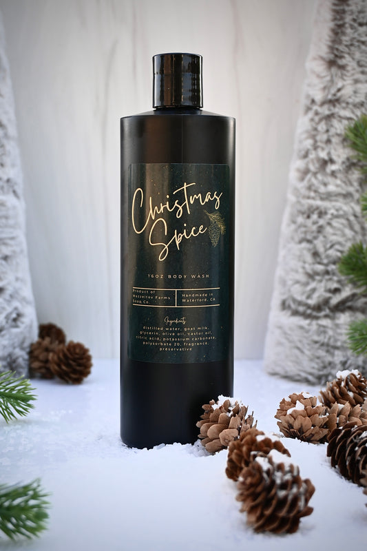 Christmas Spice Goat Milk Body Wash – natural spicy body wash with cinnamon, clove, and balsam fir notes
