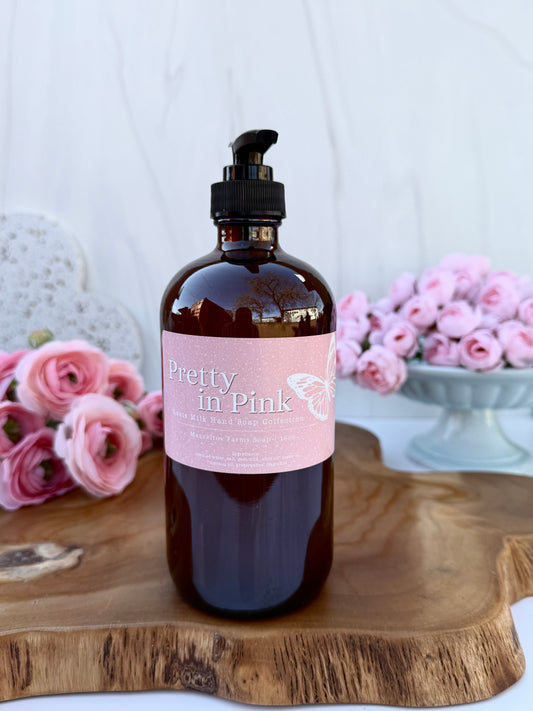 Pretty in Pink goat milk liquid hand soap in a 16 oz amber glass bottle with pump by Mazzeltov Farms Soap Co. Soft floral scent with magnolia, pink jasmine, and warm amber.
