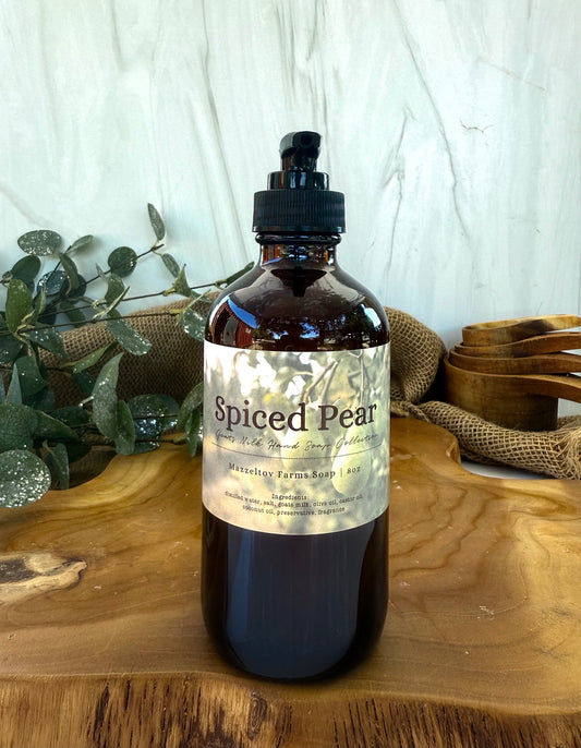 Mazzeltov Farms Soap Spiced Pear liquid hand soap in 16oz amber glass pump bottle