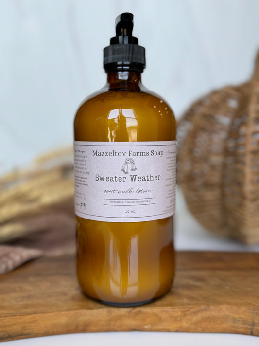 Sweater Weather goat milk lotion in 8oz amber glass pump bottle