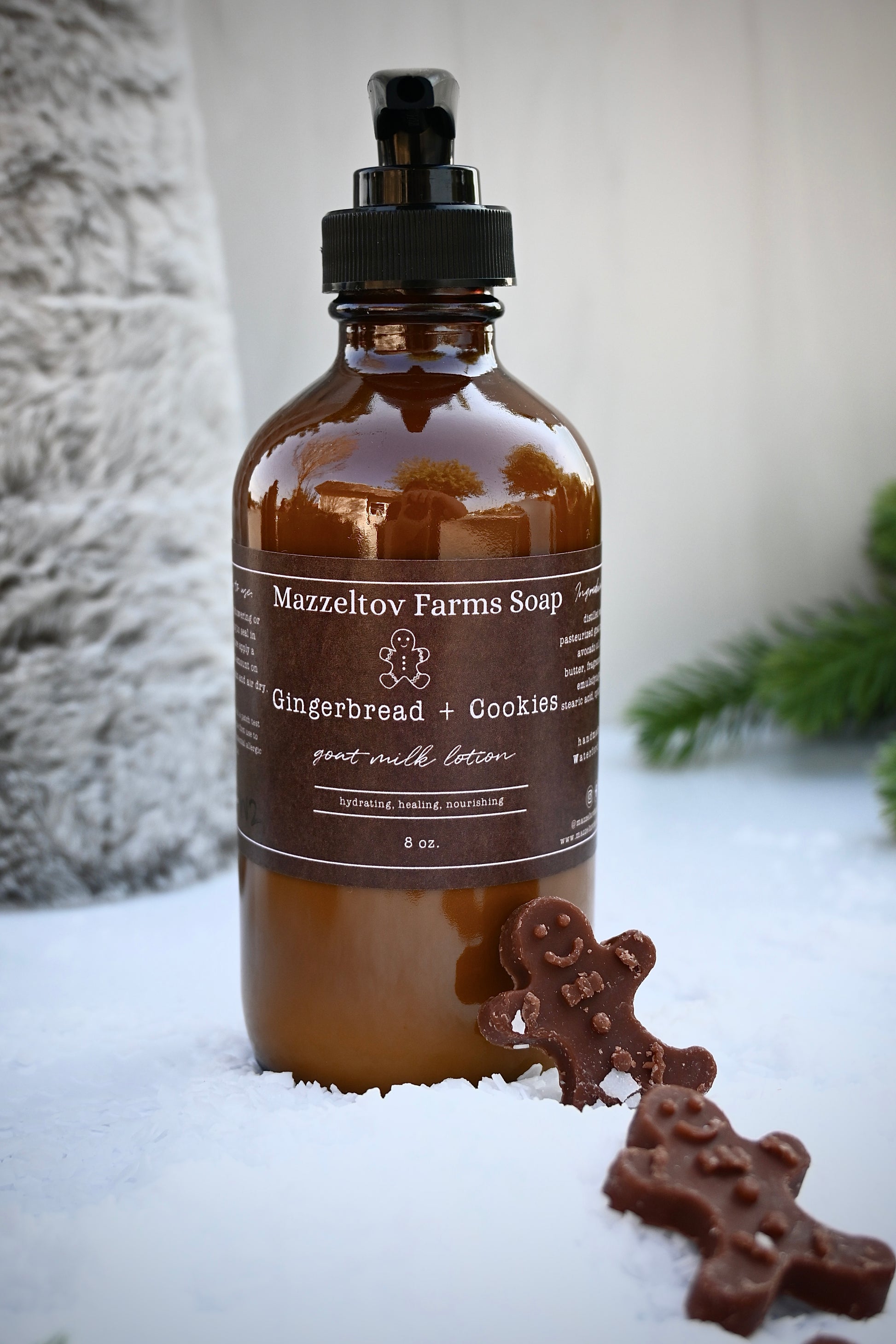 Gingerbread and Cookies Goat Milk Lotion – sweet holiday moisturizer in amber glass pump