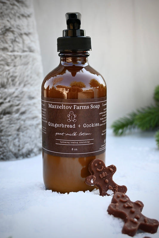 Gingerbread and Cookies Goat Milk Lotion – sweet holiday moisturizer in amber glass pump