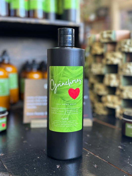 Grinchmas Goat Milk Body Wash – handmade peppermint vanilla body wash with lavender and musk notes