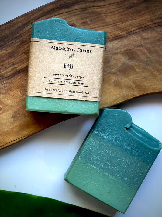 Fiji goat milk soap bar handmade by Mazzeltov Farms Soap Co. Blue and white marbled bar with a fresh, masculine scent of agave, aloe, teakwood, and amber.