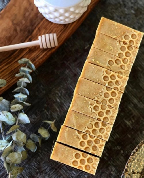 Milk and Honey goat milk soap bar handmade by Mazzeltov Farms Soap Co. Creamy white and golden soap with honey tones, made with raw goat milk and natural oils.